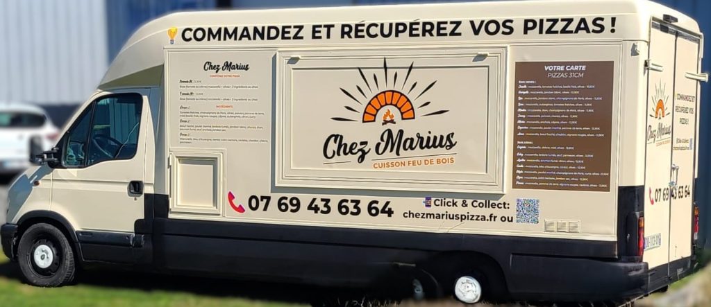 Découvrez le food truck "Chez Marius" et ses délicieuses pizzas artisanales cuites au feu de bois. Commandez facilement en ligne et récupérez vos pizzas sur place. Ingrédients frais, goût authentique, service rapide !