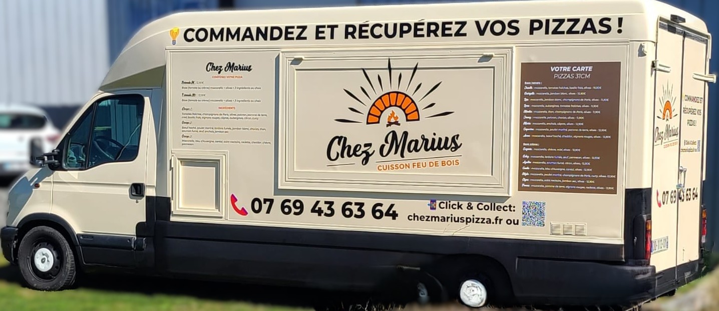 Découvrez le food truck "Chez Marius" et ses délicieuses pizzas artisanales cuites au feu de bois. Commandez facilement en ligne et récupérez vos pizzas sur place. Ingrédients frais, goût authentique, service rapide !